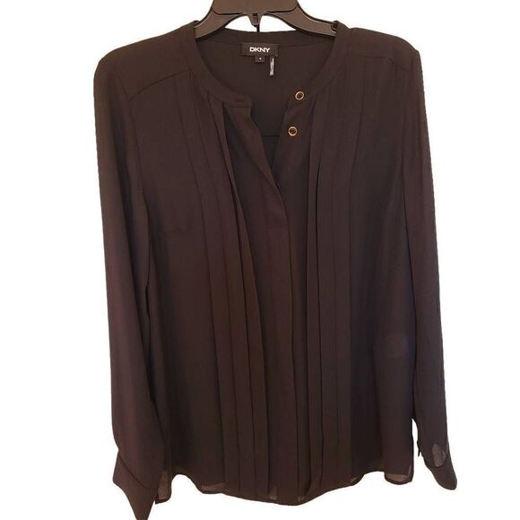 DKNY Womens Blouse Pleated Long Sleeve Relaxed Fit Button Cuffs Black Medium - Picture 1 of 12